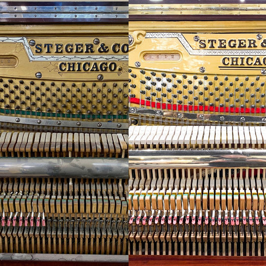 A collage of images showing the interior view of a Steger & Sons upright piano with a mahogany wood finish. The images display the piano's keyboard, which features metal keys and brass trim, and the body of the piano which has a satin finish.