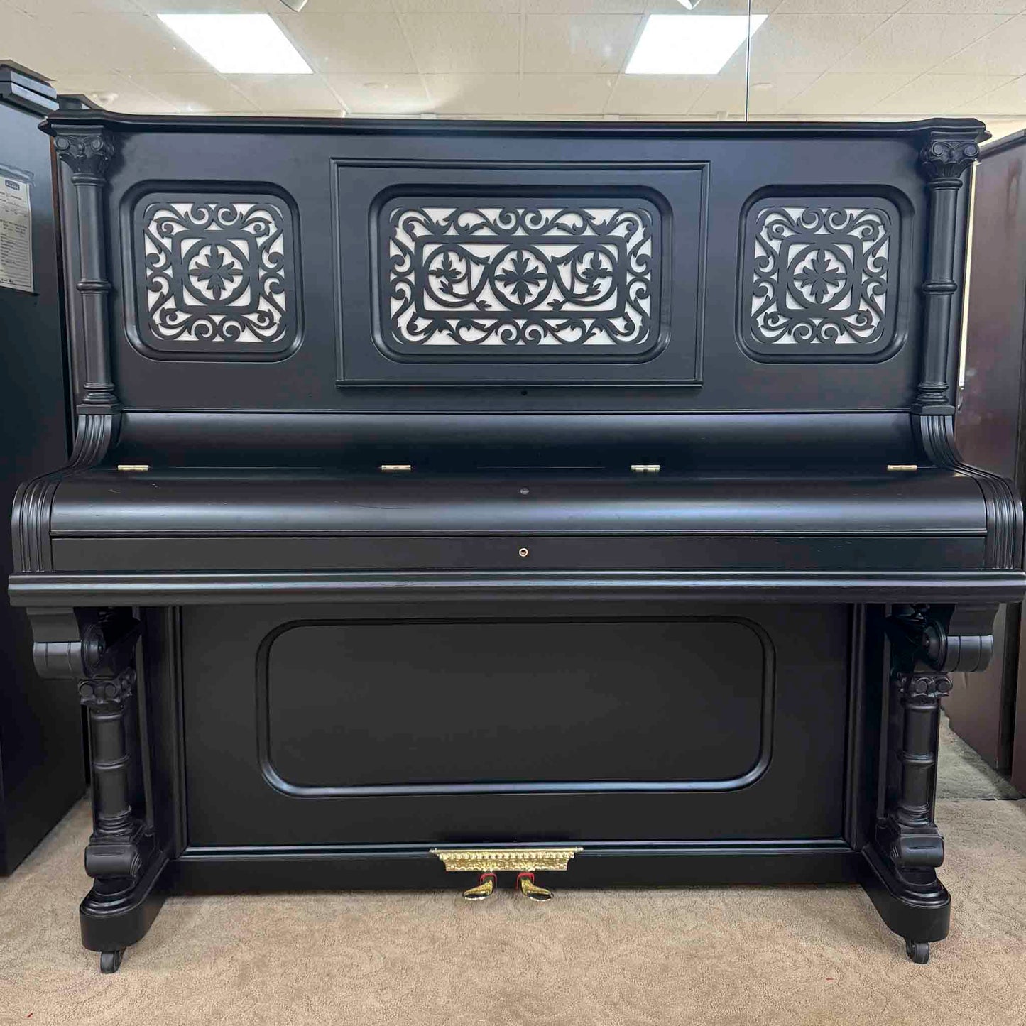 SOLD 1890 Camp and Sons Black Commissioned Upright Piano