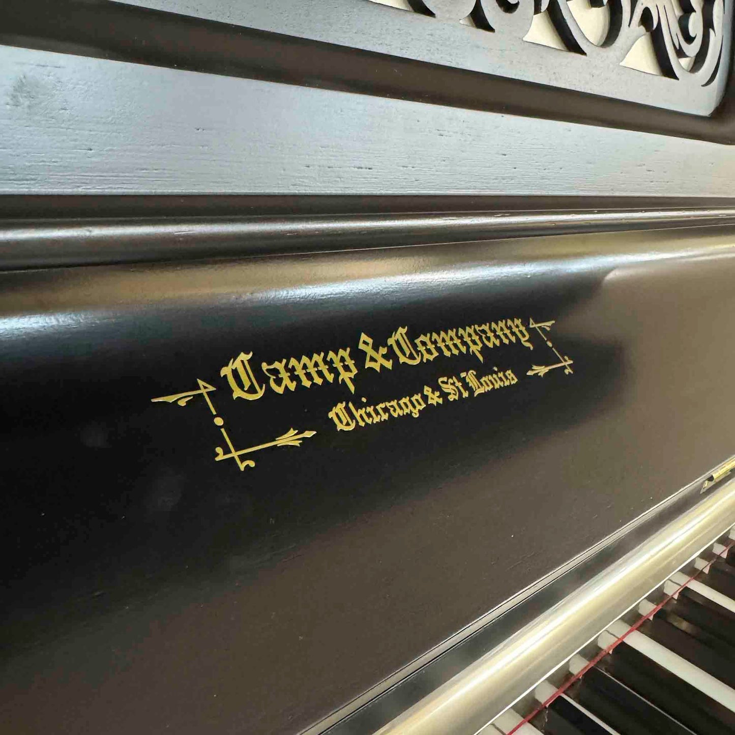 SOLD 1890 Camp and Sons Black Commissioned Upright Piano