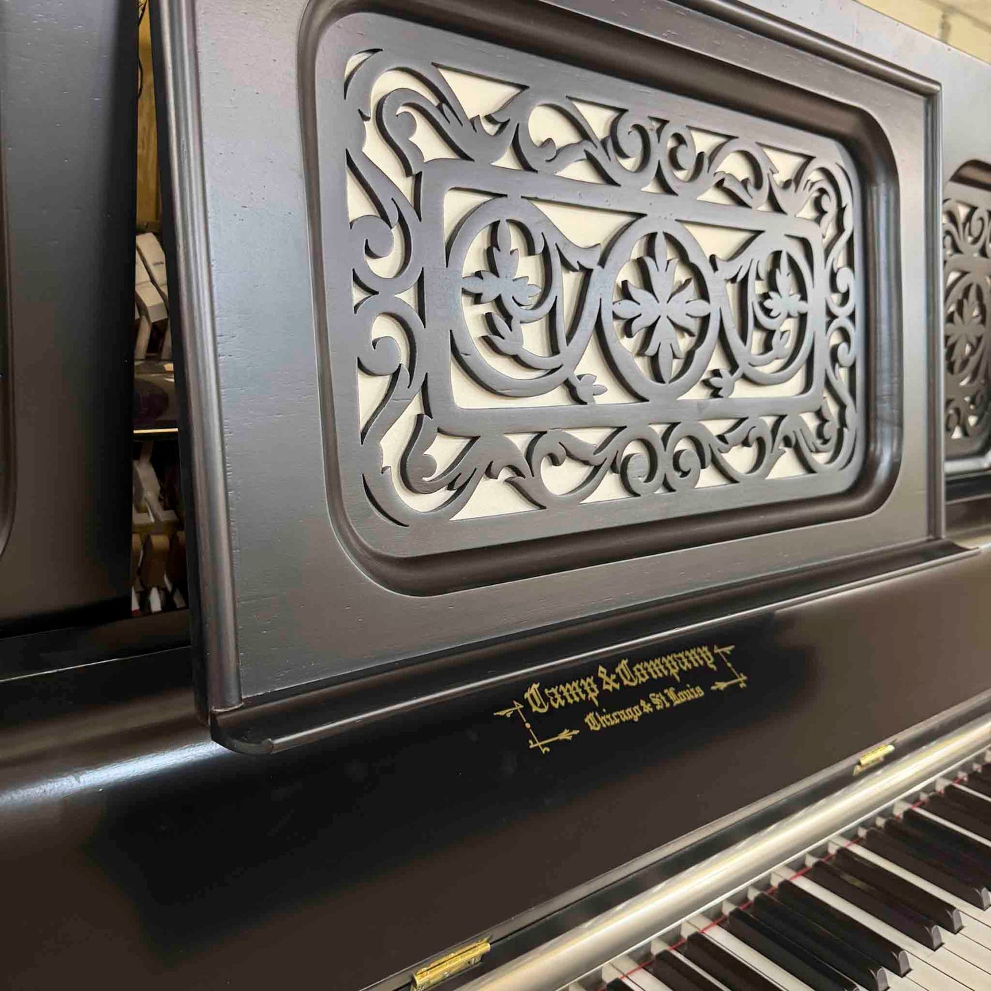 SOLD 1890 Camp and Sons Black Commissioned Upright Piano