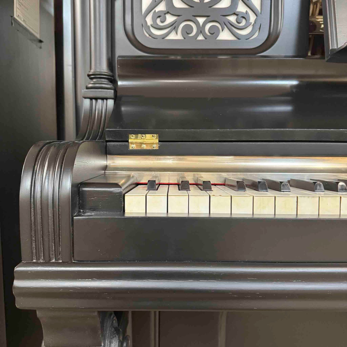 SOLD 1890 Camp and Sons Black Commissioned Upright Piano