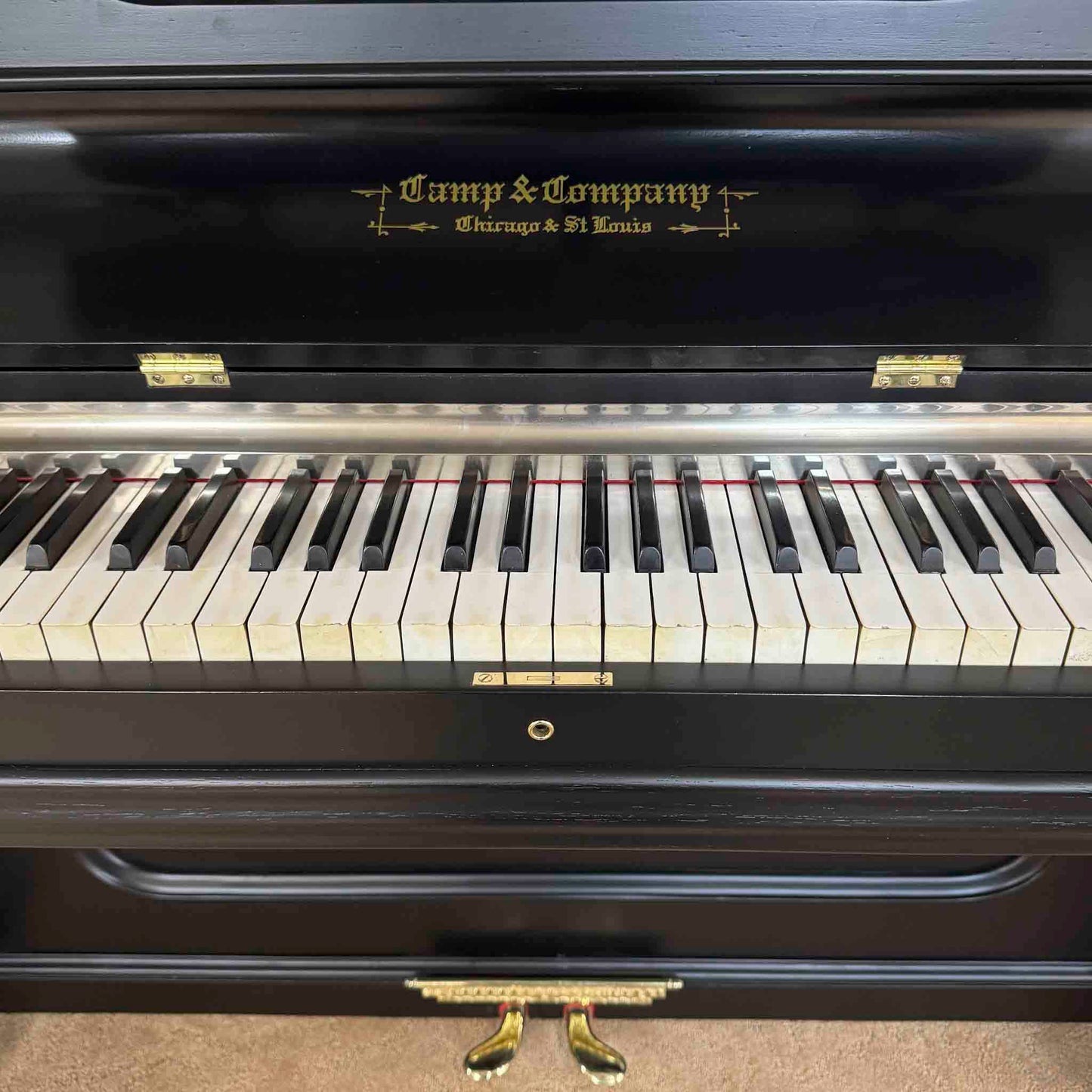 SOLD 1890 Camp and Sons Black Commissioned Upright Piano