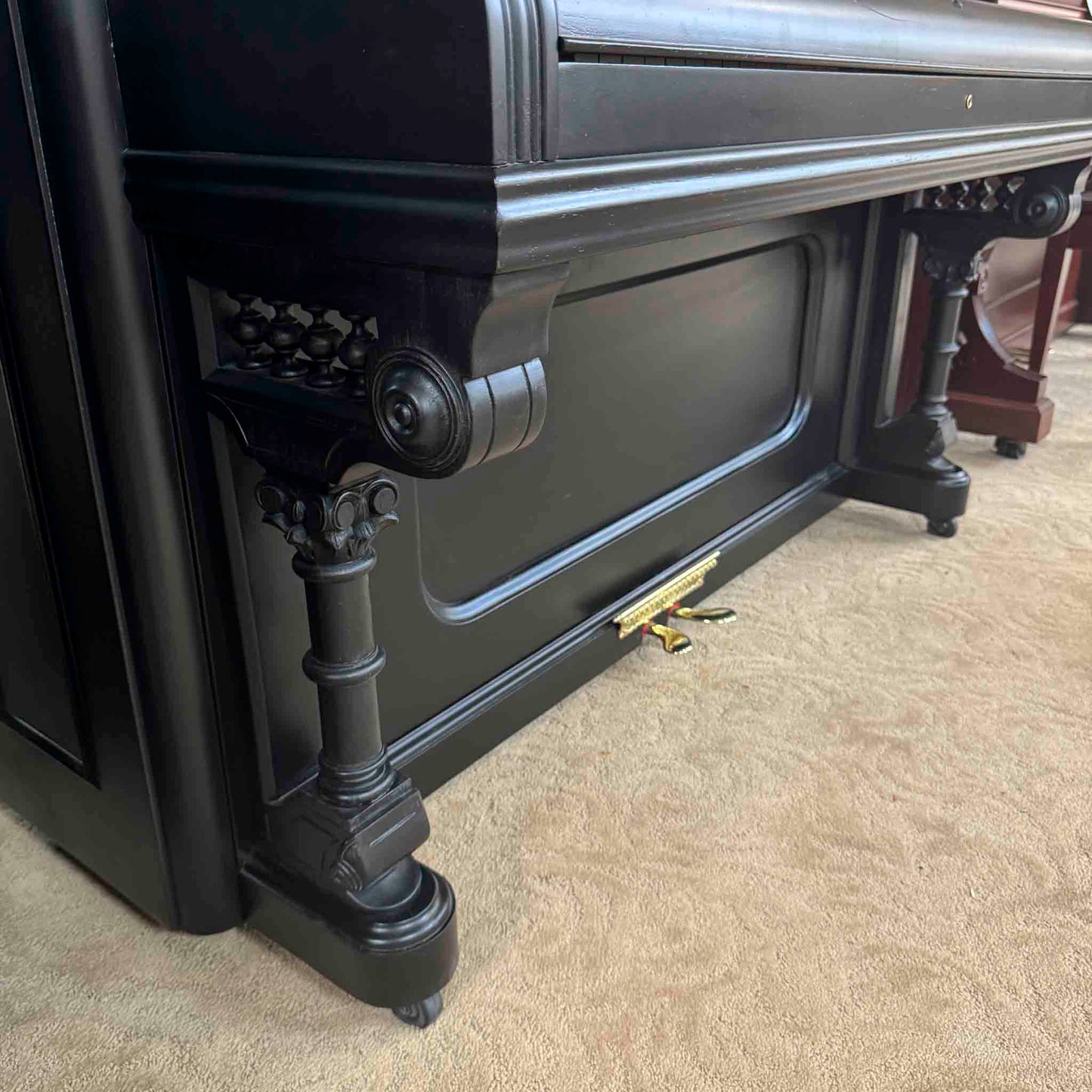 SOLD 1890 Camp and Sons Black Commissioned Upright Piano