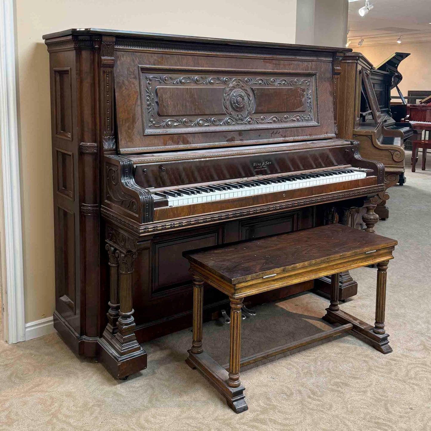 AVAILABLE TO RESTORE: CALL FOR CUSTOM PRICING - 1908 Wing & Son 57" Wood Finish Upright Piano