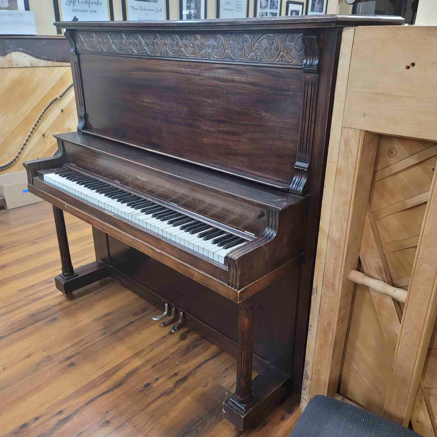 CURRENT SHOP WORK 1908 Werner 57" Wood Finish Upright Piano
