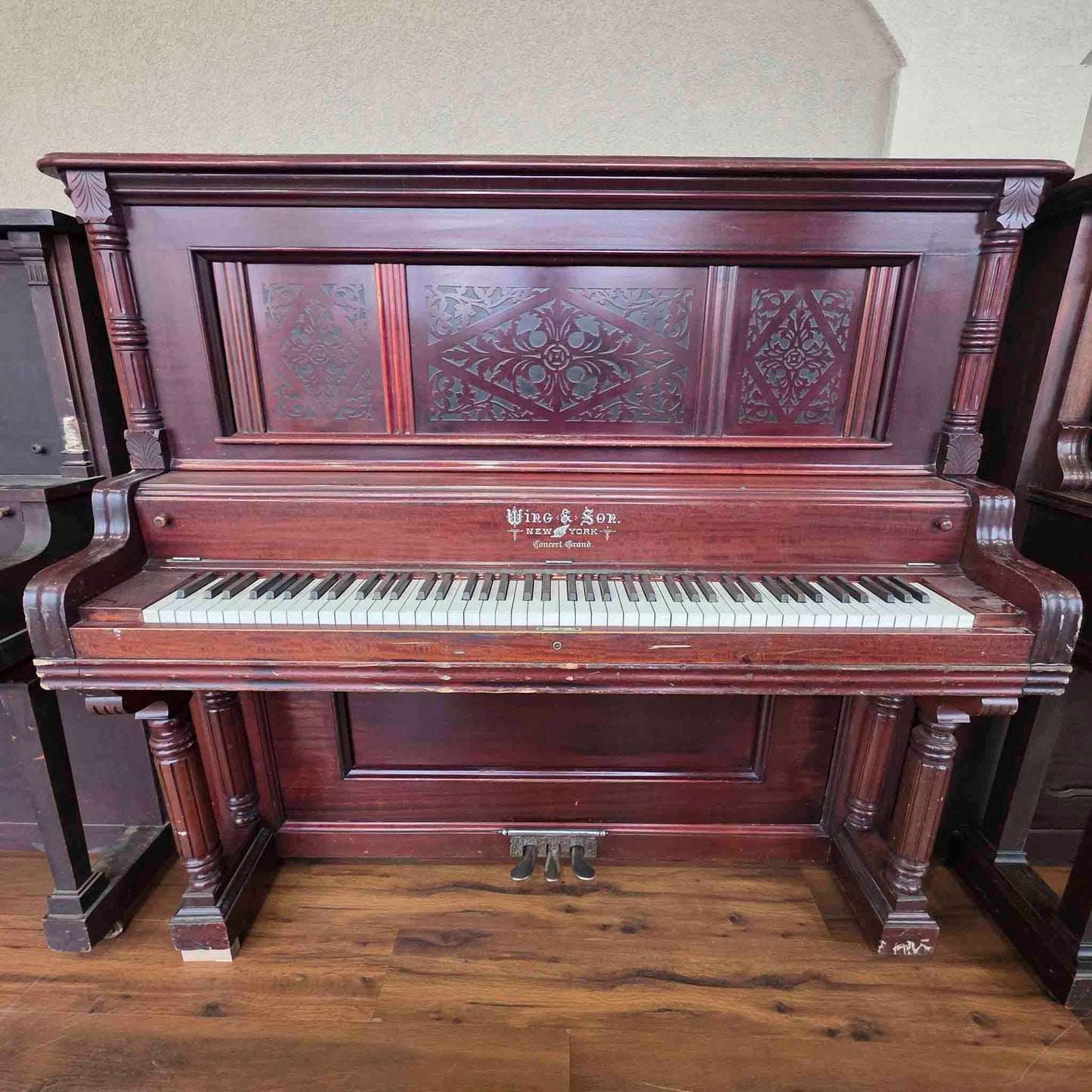 AVAILABLE TO RESTORE: CALL FOR CUSTOM PRICING - 1912 Wing & Son 57" Wood Finish Upright Piano