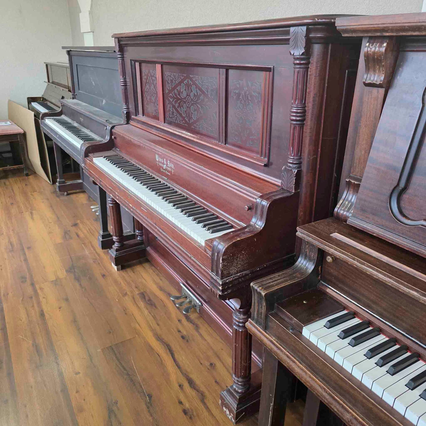 AVAILABLE TO RESTORE: CALL FOR CUSTOM PRICING - 1912 Wing & Son 57" Wood Finish Upright Piano