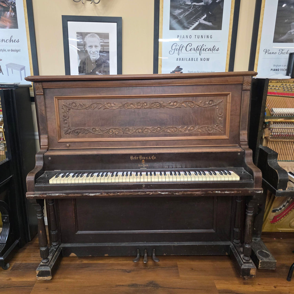CURRENT SHOP WORK 1909 Behr Bros 56" Wood Finish Commissioned Upright Piano