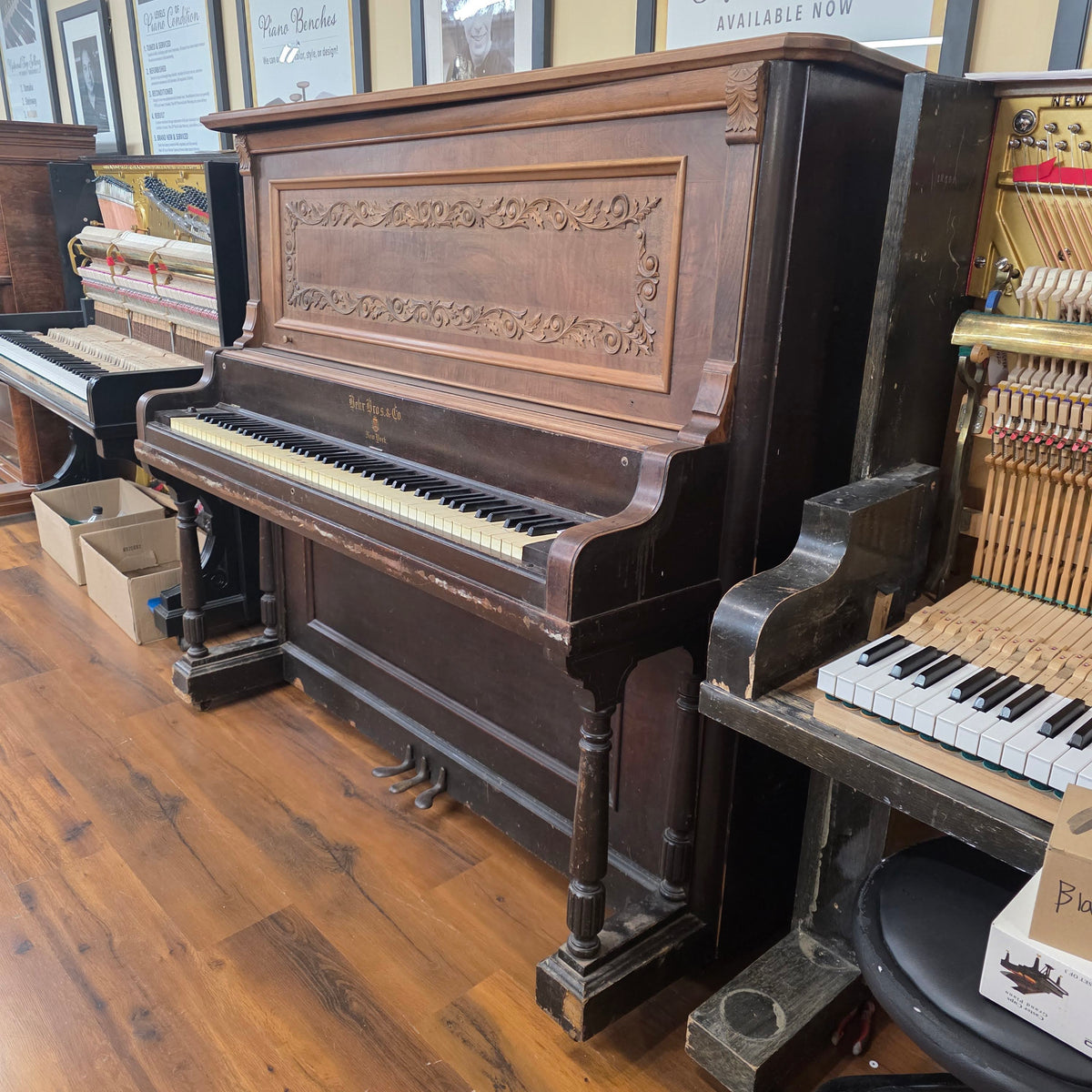 CURRENT SHOP WORK 1909 Behr Bros 56" Wood Finish Commissioned Upright Piano