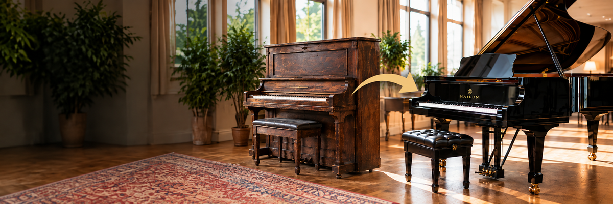 A warm, sunlit room with two pianos: a rustic brown upright piano on the left and a glossy black grand piano on the right, both with matching benches, set against tall windows and potted plants.