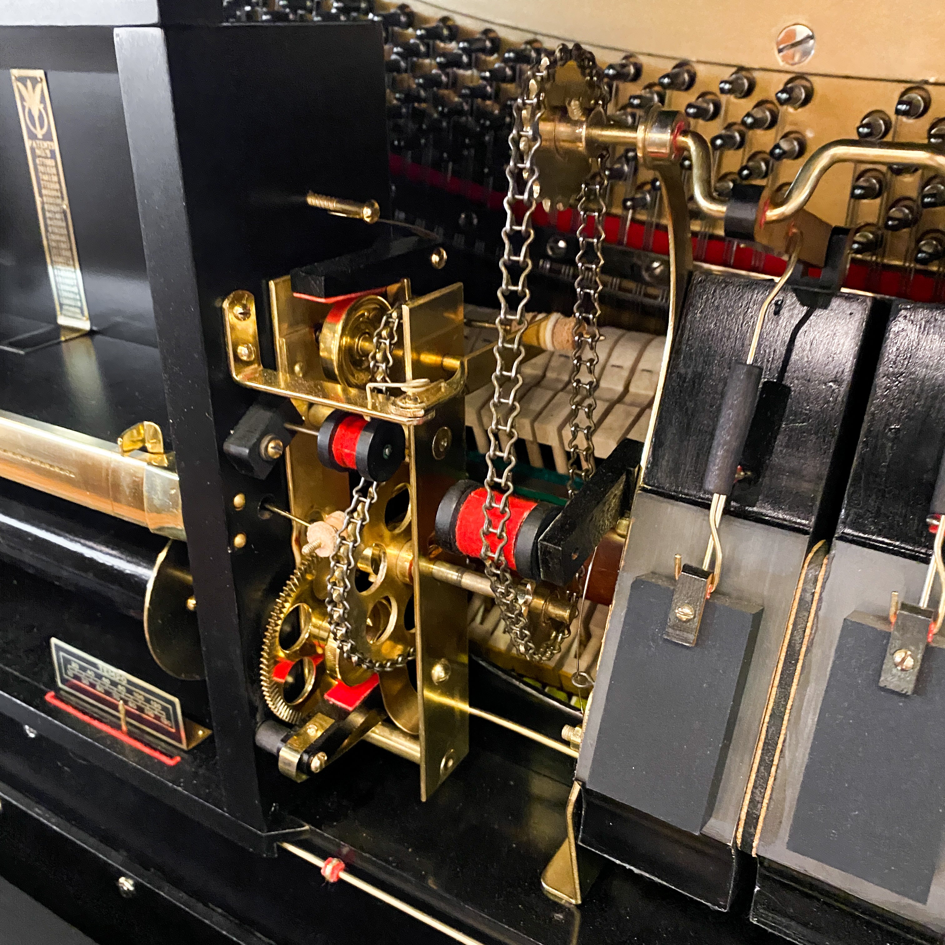 Beautifully restored heirloom hundred year old Conway restoration player piano rebuild at Brigham Larson Pianos family heirloom piano restoration shop.