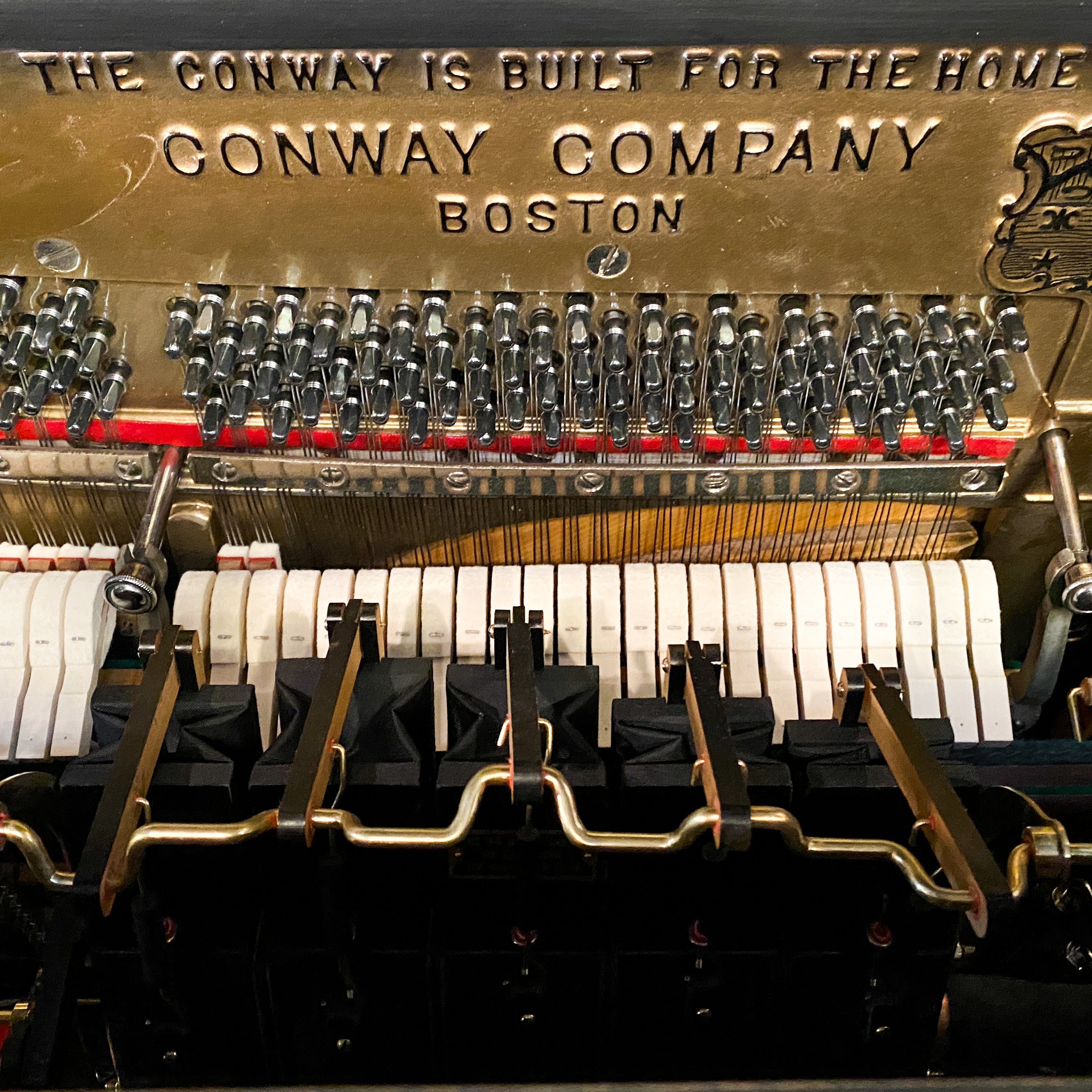 Beautifully restored heirloom hundred year old Conway restoration player piano rebuild at Brigham Larson Pianos family heirloom piano restoration shop.