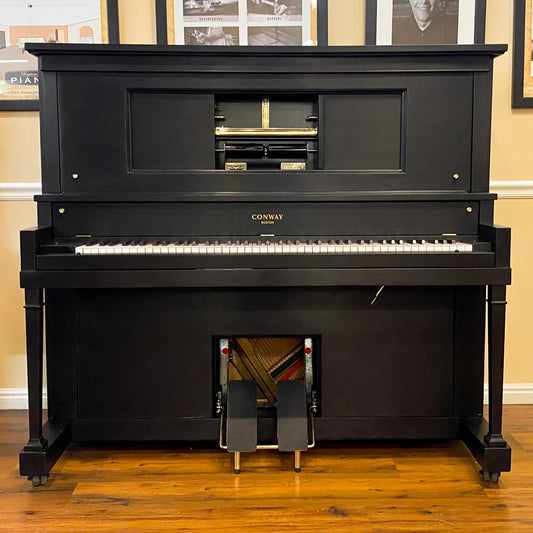 After restoration and rebuilding on 100 year old Conway Player piano upright heirloom. Black Satin Refinishing. New player rebuilt at Brigham Larson Pianos family heirloom piano restoration shop.