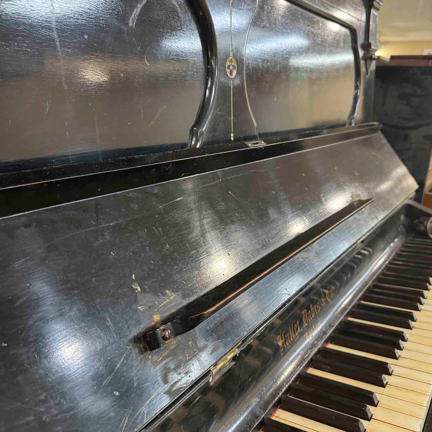 CURRENT SHOP WORK 1875 Hallet Davis 58" Satin Black Commissioned Upright Piano