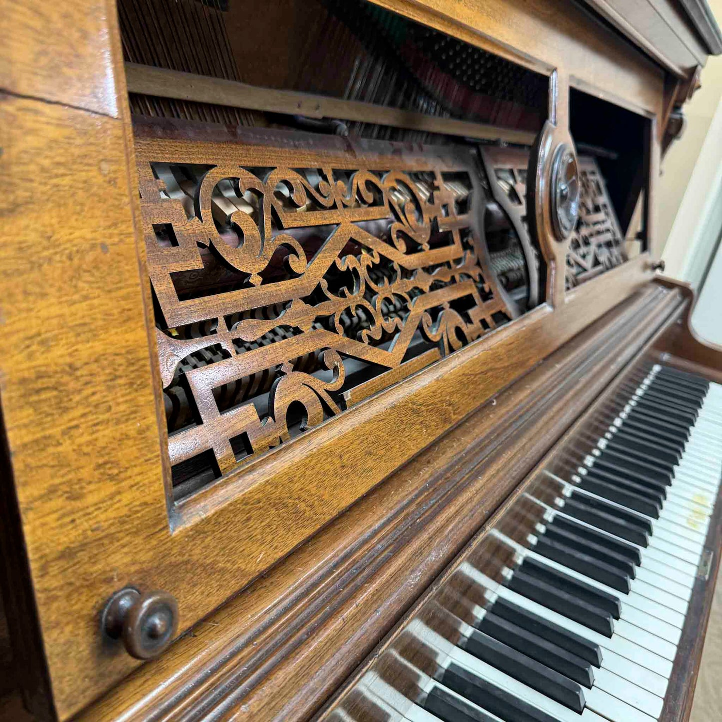 AVAILABLE TO RESTORE: CALL FOR CUSTOM PRICING - Tall Wood Finish Art Case Upright Piano