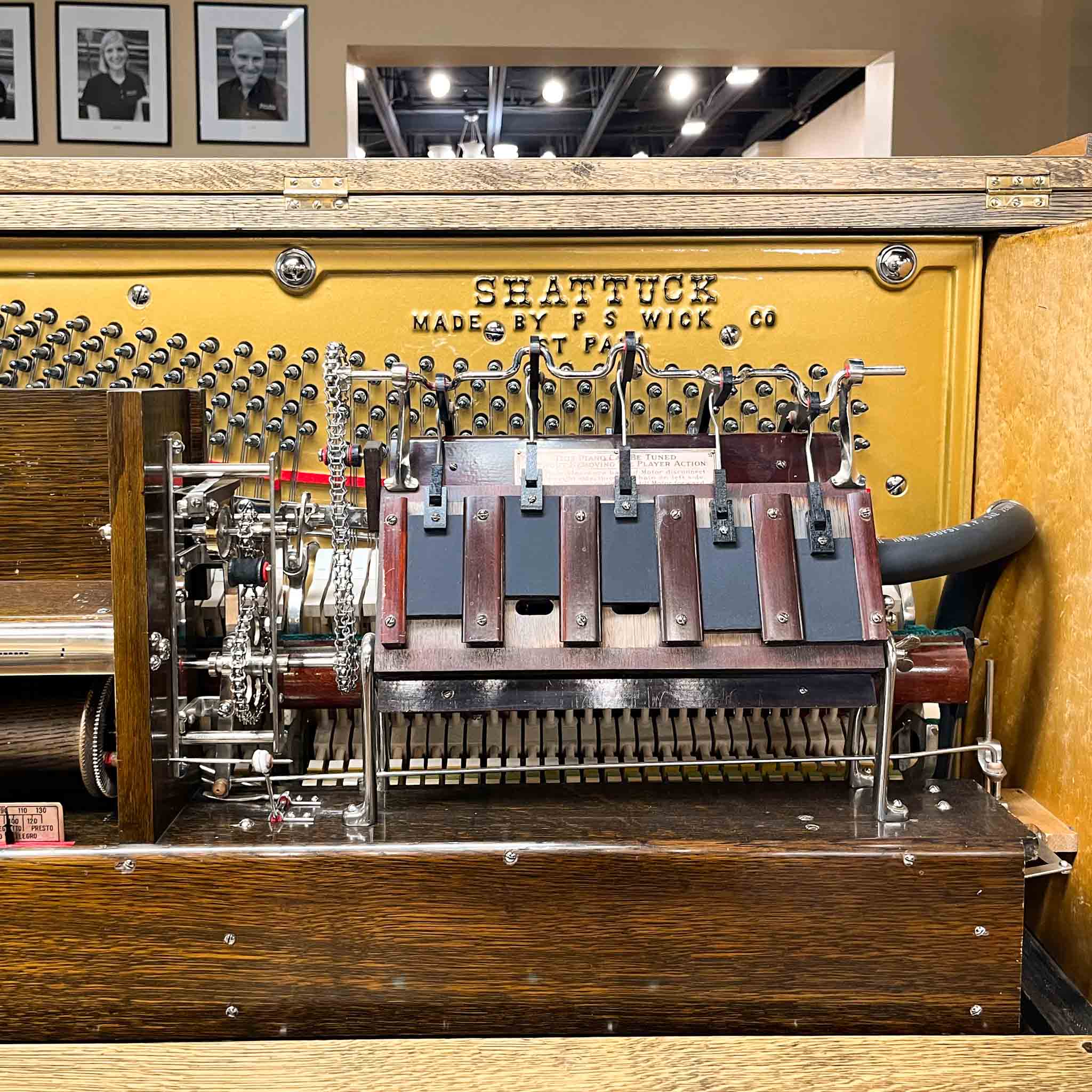 Beautiful upright heirloom hundred year old piano Shattuck vintage pnumatic player piano after restoration at Brigham Larson Pianos Family heirloom restoration shop in Orem, Utah.