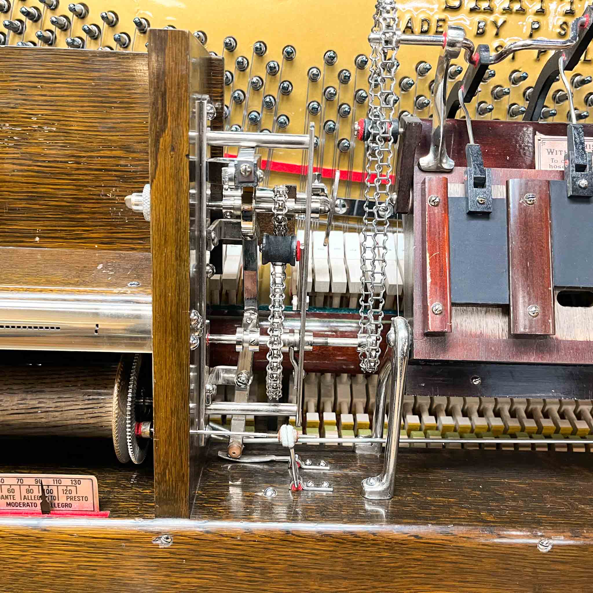 Beautiful upright heirloom hundred year old piano Shattuck vintage pnumatic player piano after restoration at Brigham Larson Pianos Family heirloom restoration shop in Orem, Utah.