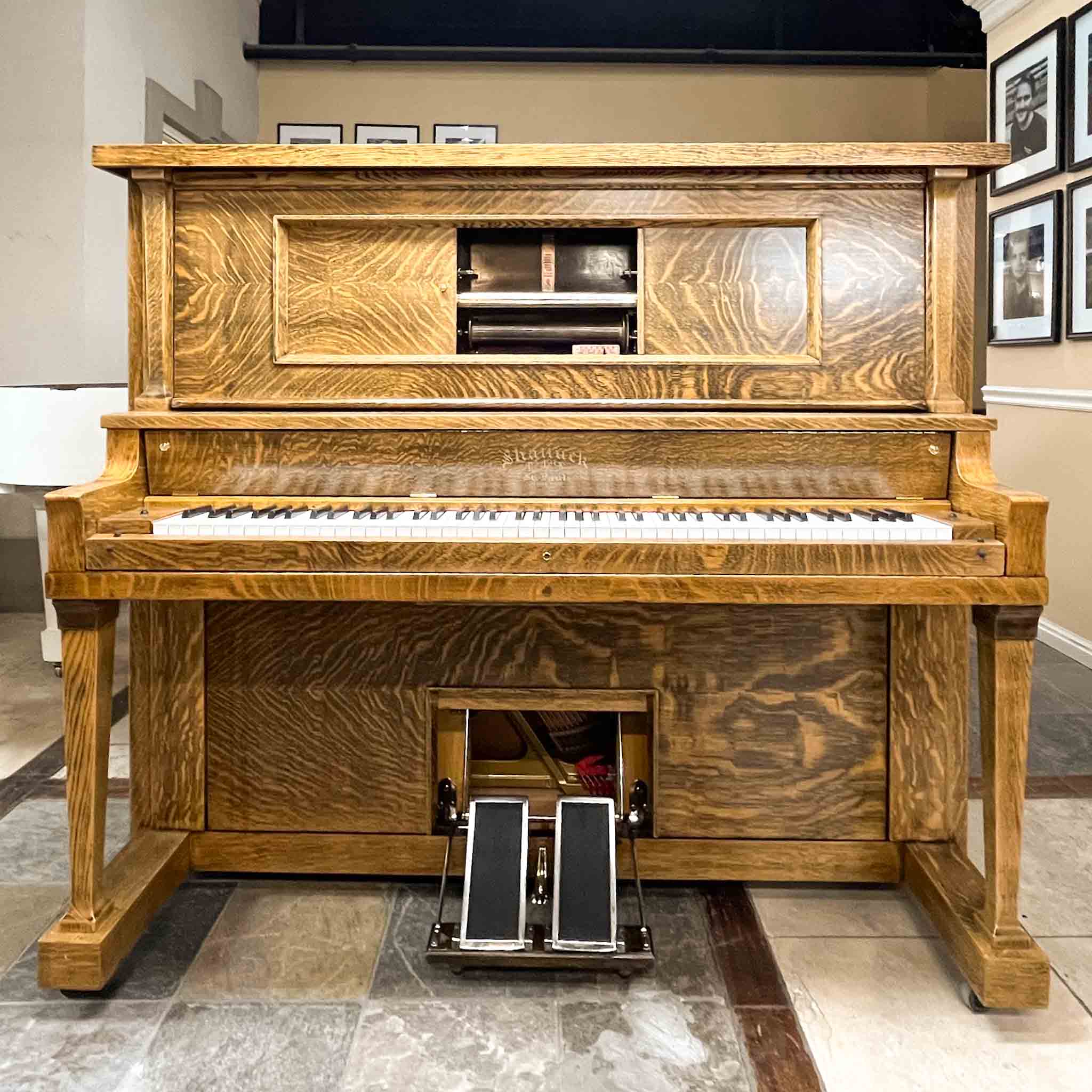 Beautiful upright heirloom Shattuck vintage pnumatic player piano after restoration & refinishing at Brigham Larson Pianos Family heirloom restoration shop in Orem, Utah.