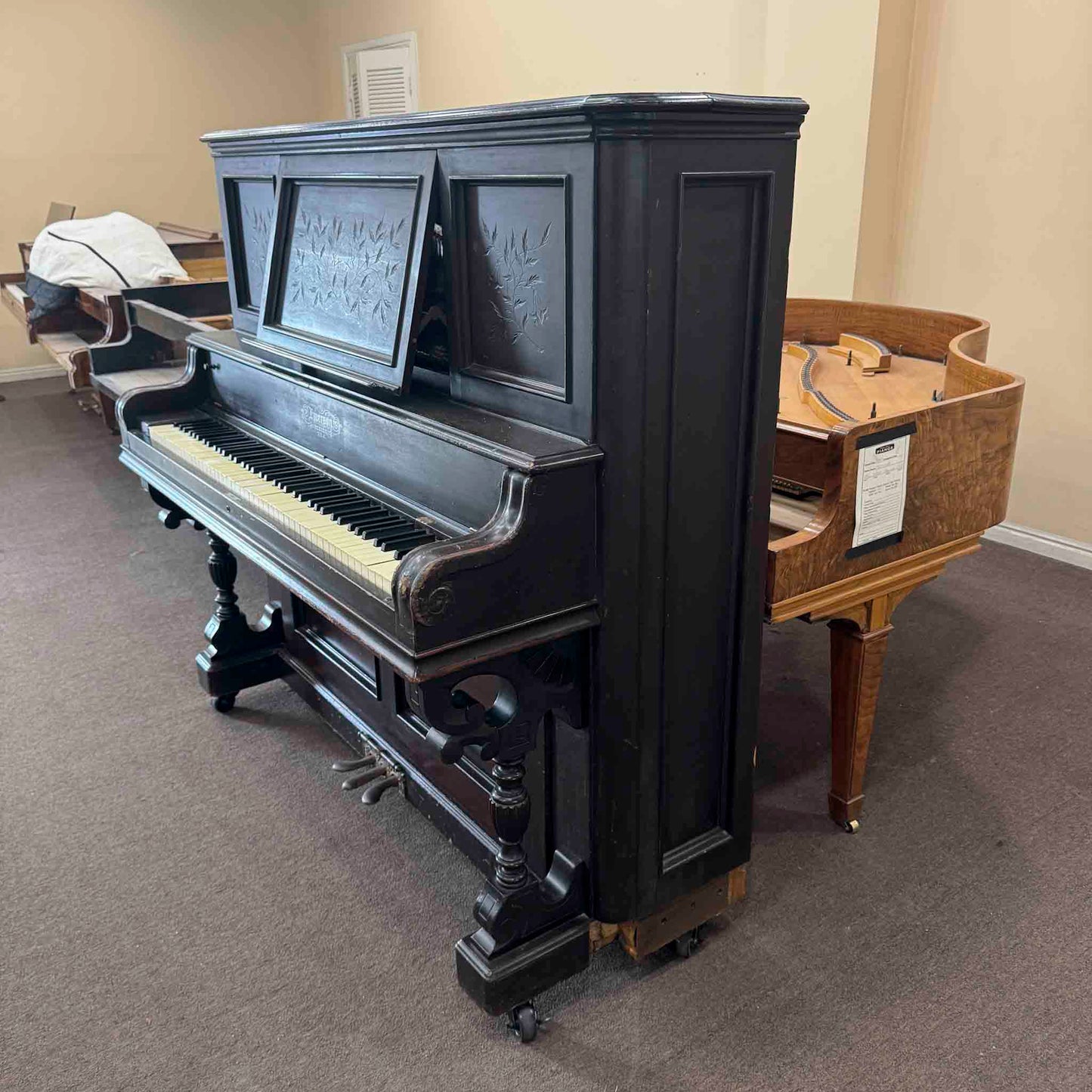 CURRENT SHOP WORK - 1890 Emerson 58" Wood Finish Commissioned Upright Piano