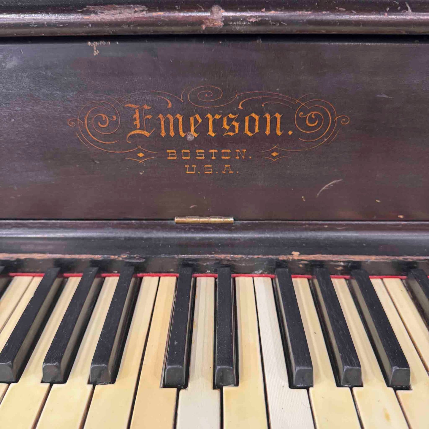 CURRENT SHOP WORK - 1890 Emerson 58" Wood Finish Commissioned Upright Piano