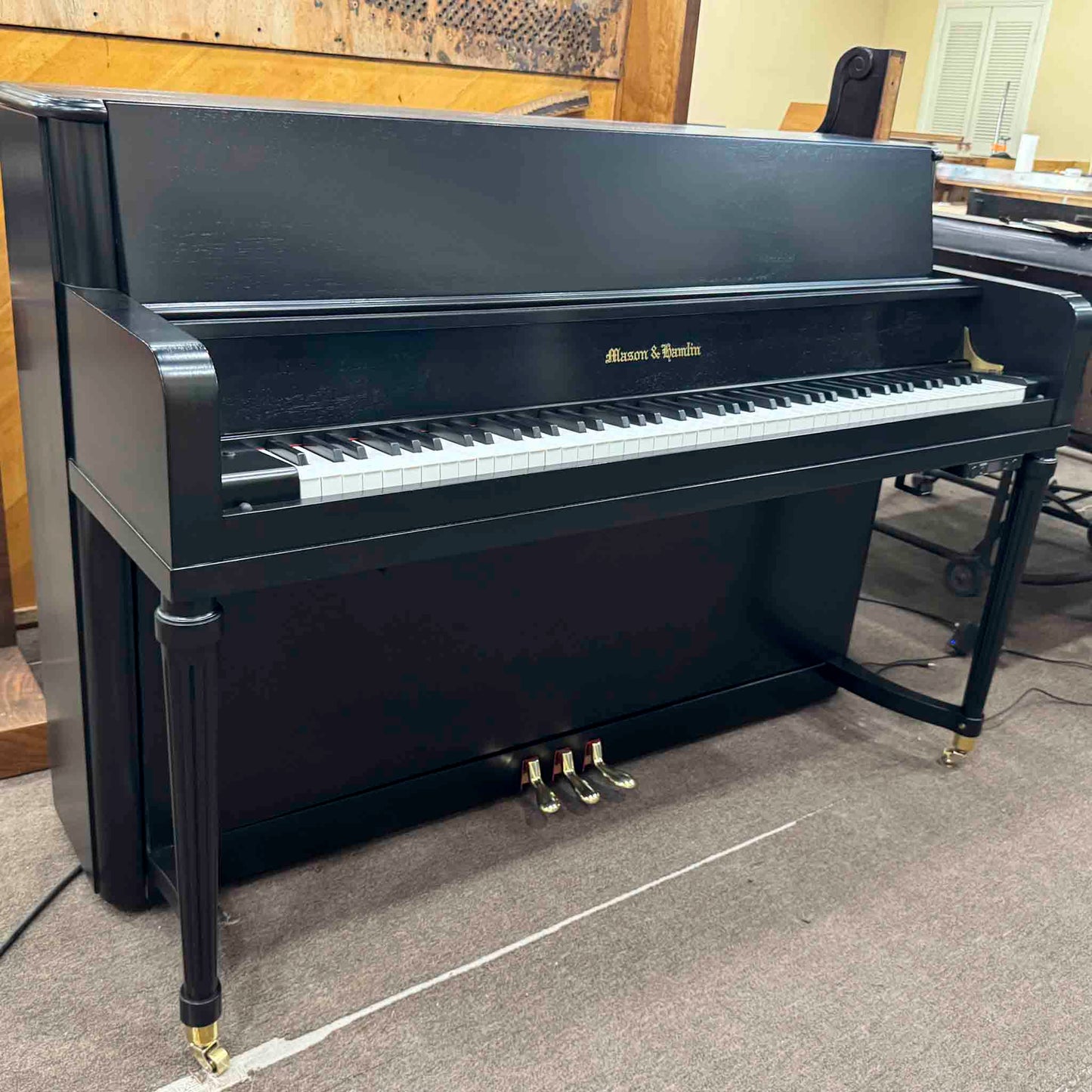 CURRENT SHOP WORK - 1977 Mason & Hamlin 43" Satin Black Commissioned Console Piano