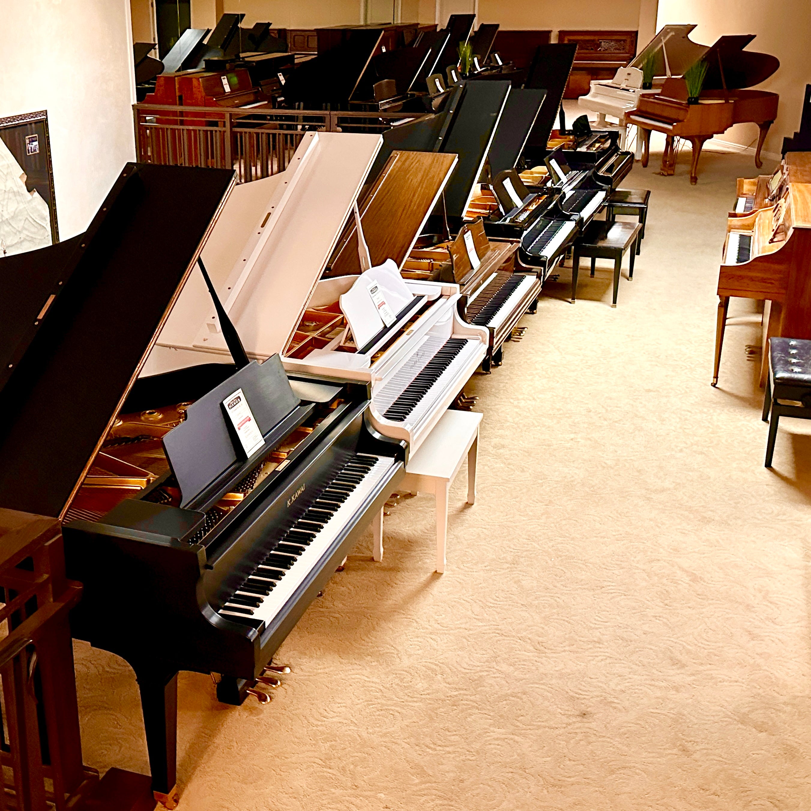 Brigham Larson Pianos balcony showroom of grand and upright pianos for sale new and refurbished or restored pianos, beautiful lined up in rows for sale pianos.