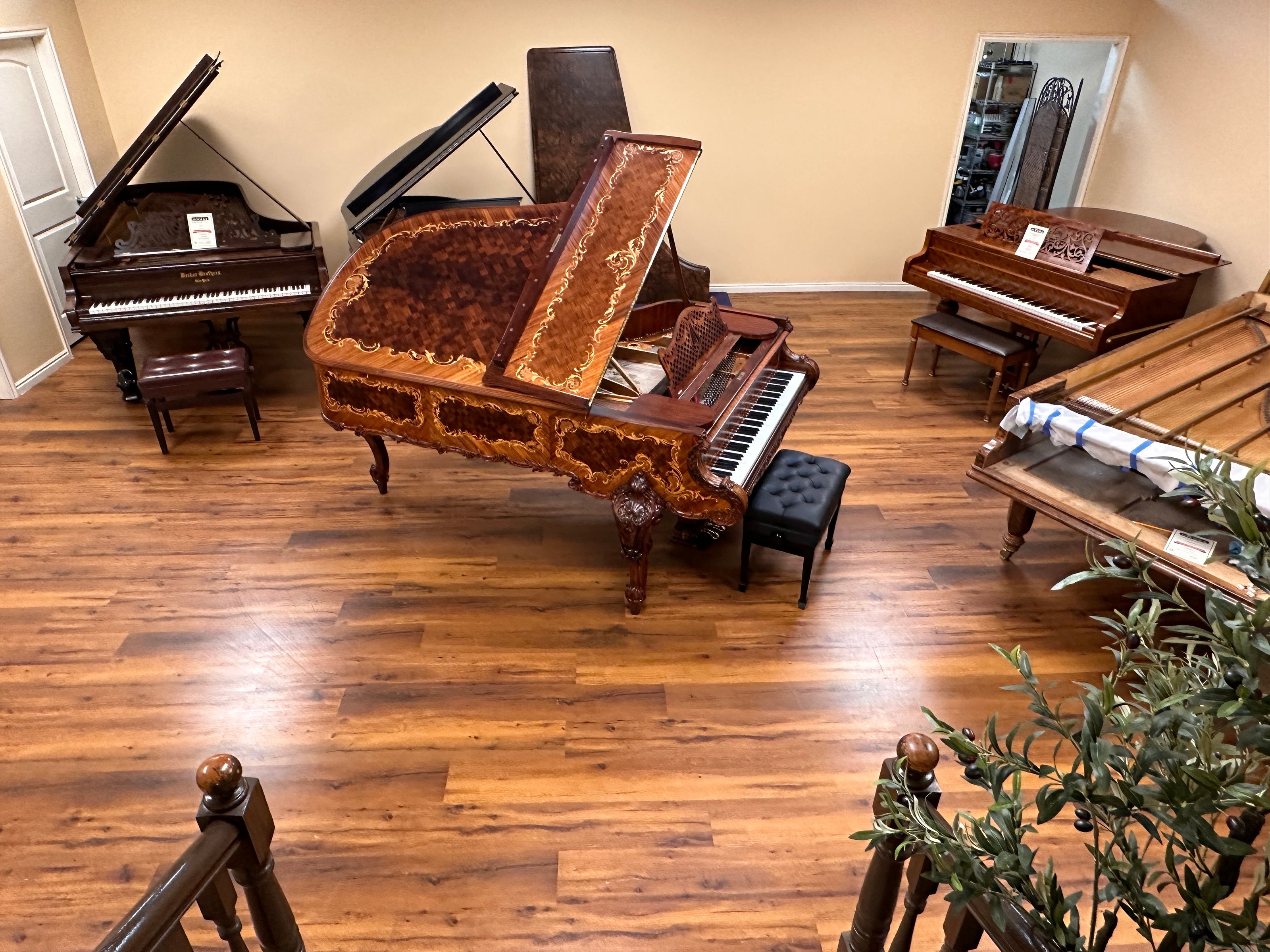 Brigham Larson Pianos balcony showroom of grand and upright pianos for sale new and refurbished or restored pianos, beautiful lined up in rows for sale pianos. Beautiful ornate cabinetry design on Steinway Grand art case piano.