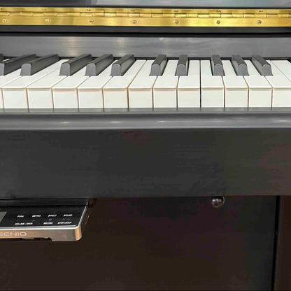 Close-up of a satin black Hailun piano with keys and lid in view. This piano has a silent play system installed.