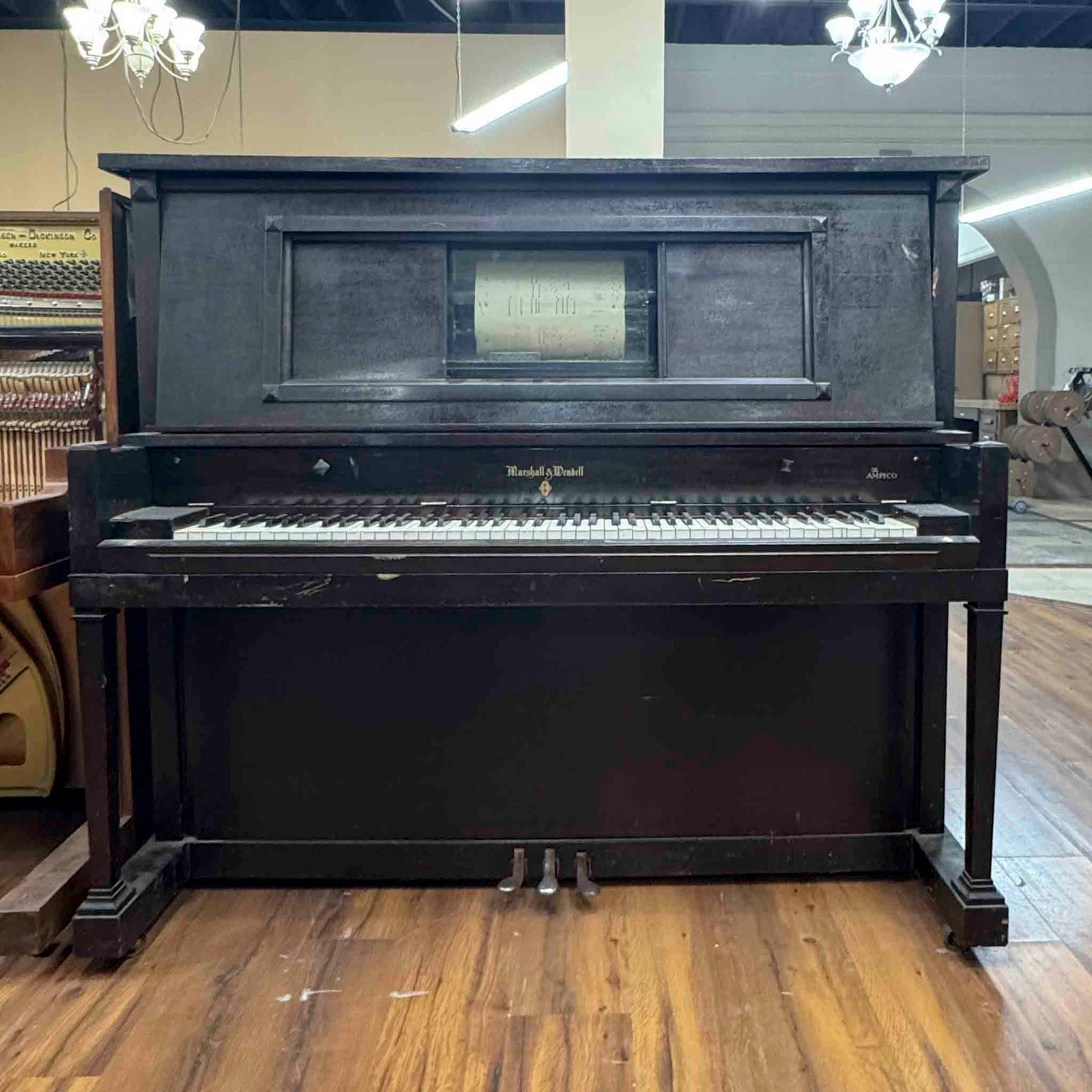 CURRENT SHOP WORK - 1918 Marshall & Wendell 55" Wood Finish Commissioned Upright Piano