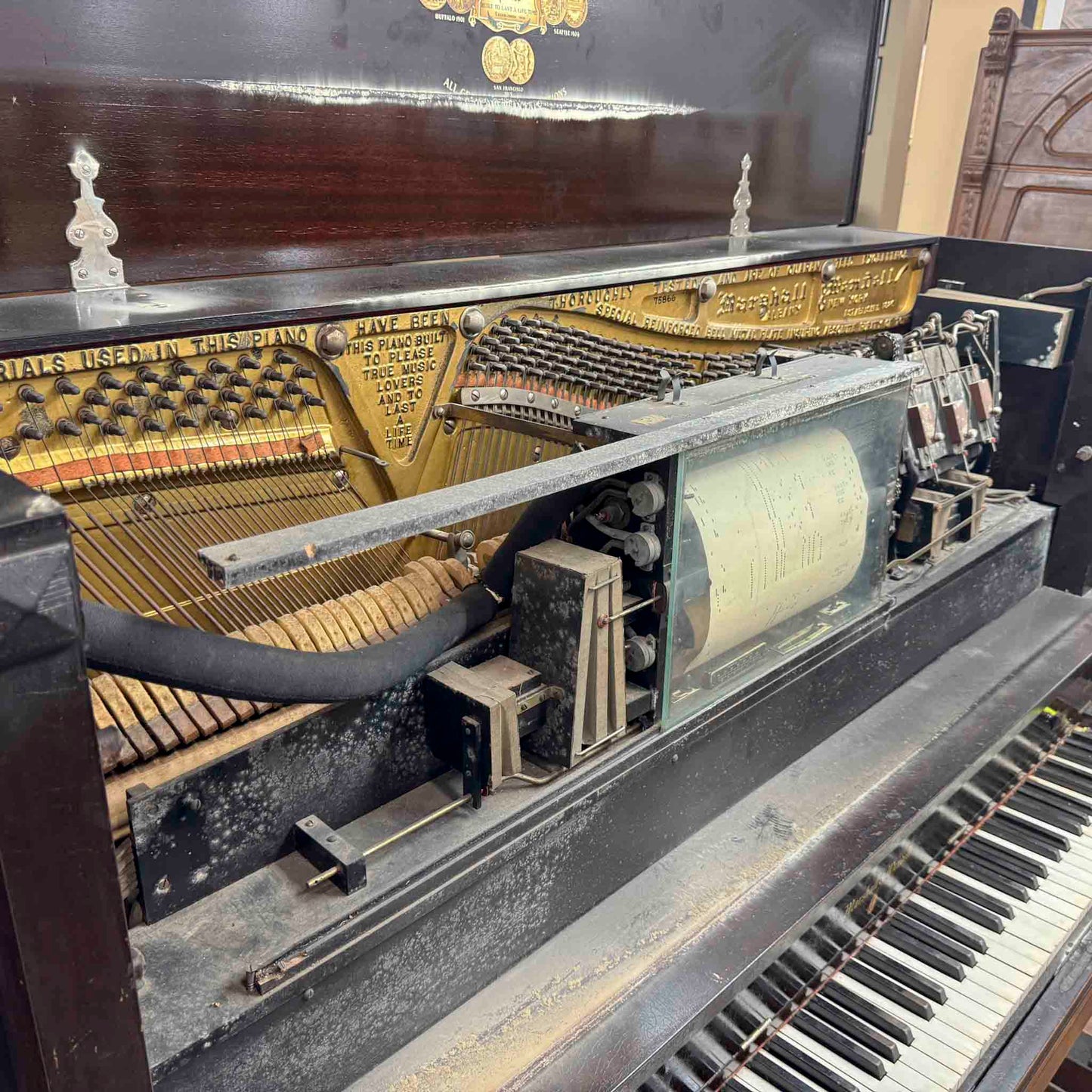 CURRENT SHOP WORK - 1918 Marshall & Wendell 55" Wood Finish Commissioned Upright Piano
