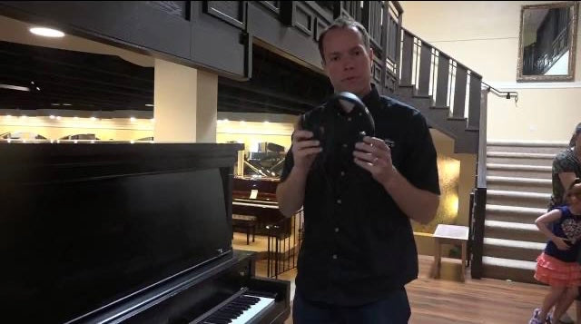 Load video: Piano silencer on antique piano demonstrated by Brigham Larson.