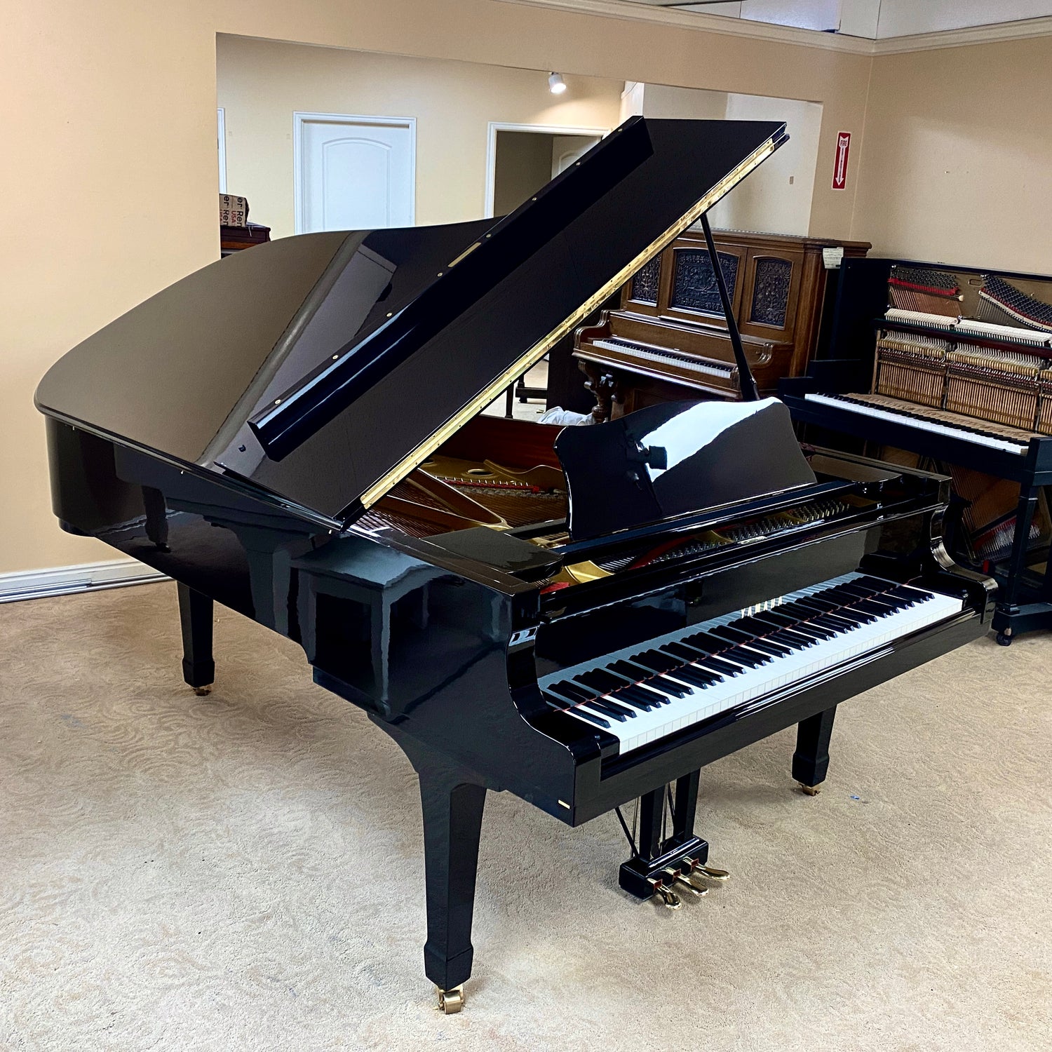 Black Yamaha C7 grand piano in a showroom setting