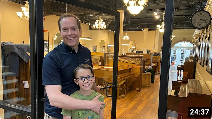 Load video: Impromptu tour of the piano restoration shop at Brigham Larson Pianos with Brigham Larson and his son.