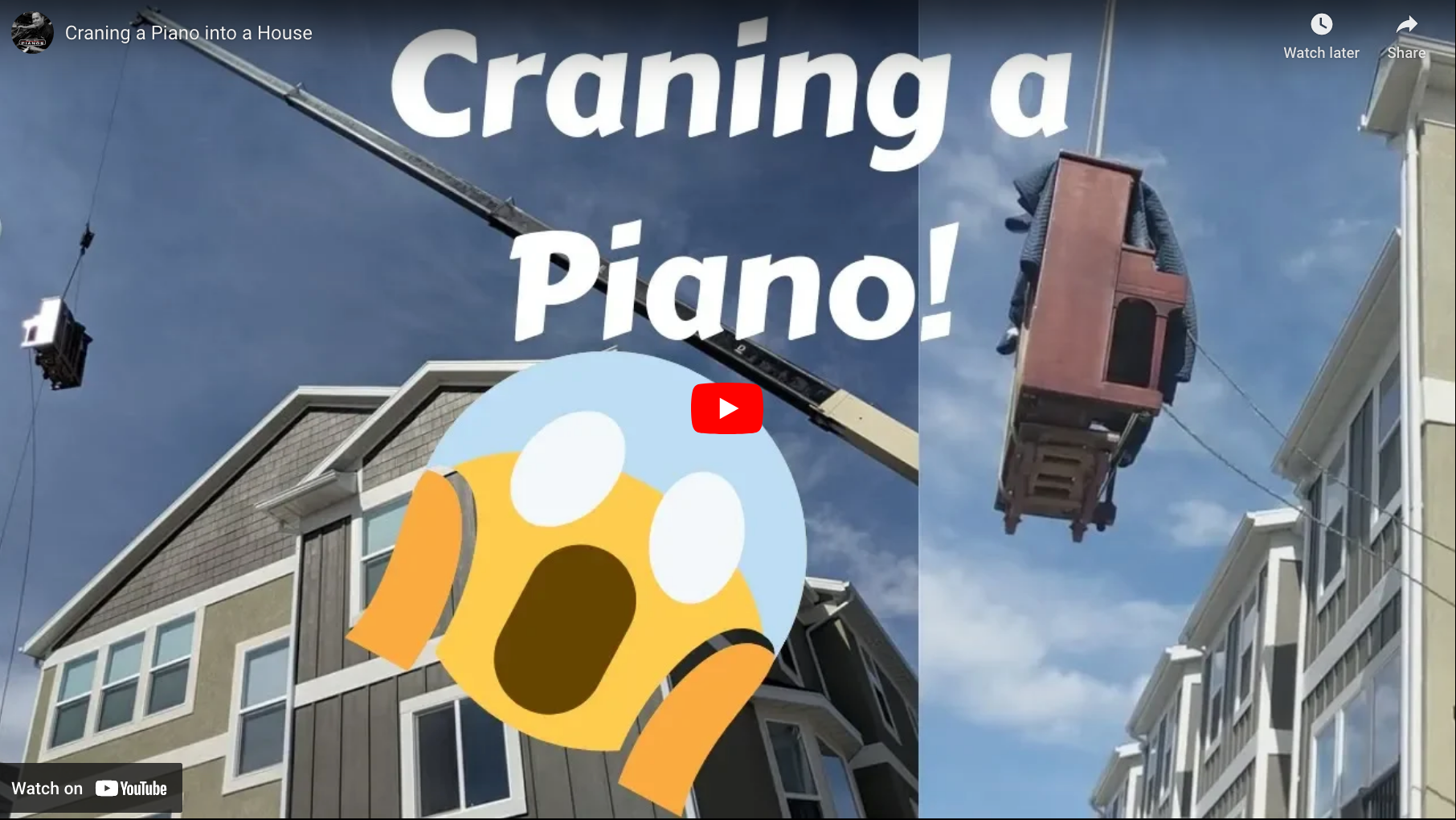 Load video: Moving a piano into a townhome using a crane