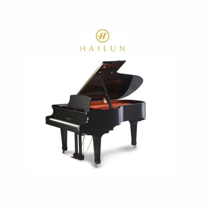 Hailun grand piano in polished black with white background and Hailun logo.