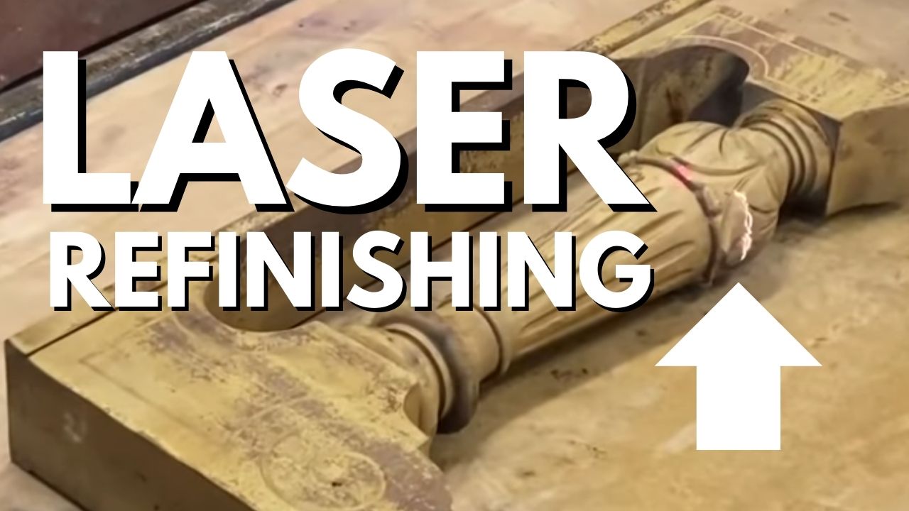Load video: Brigham Larson Pianos laser refinishing technology demonstration, stripping old piano finishes while preserving the original piano woodworking, rather than sanding by hand at Brigham Larson Pianos family heirloom refinishing and restoration shop in Orem, UT.