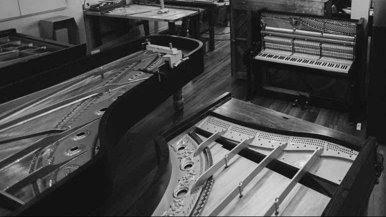 Interior of the Brigham Larson Pianos family heirloom piano restoration shop in Orem, UT, with various family heirloom pianos in the restoration process on display that are at various stages of piano restoration, like open front uprights with hammers exposed and lidless concert grand Steinway & Sons pianos with plate and soundboards showing.