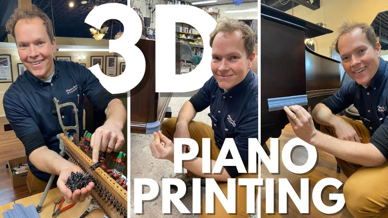 Brigham Larson working on a 3D printed piano with text overlay '3D Piano Printing' at the Brigham Larson Pianos in Orem, Utah piano heirloom piano restoration shop.