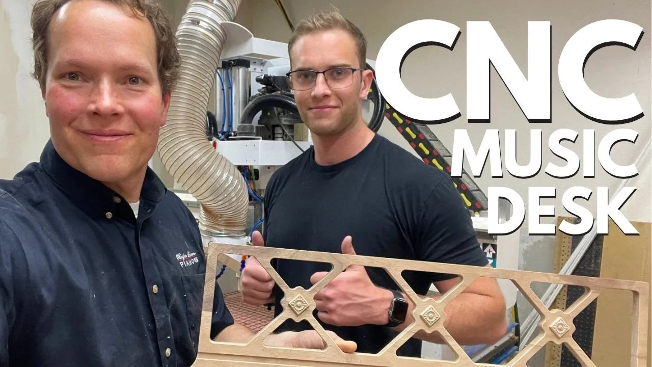 Load video: Custom CNC technology video of custom made upright piano music desk at Brigham Larson Pianos in Orem, UT.