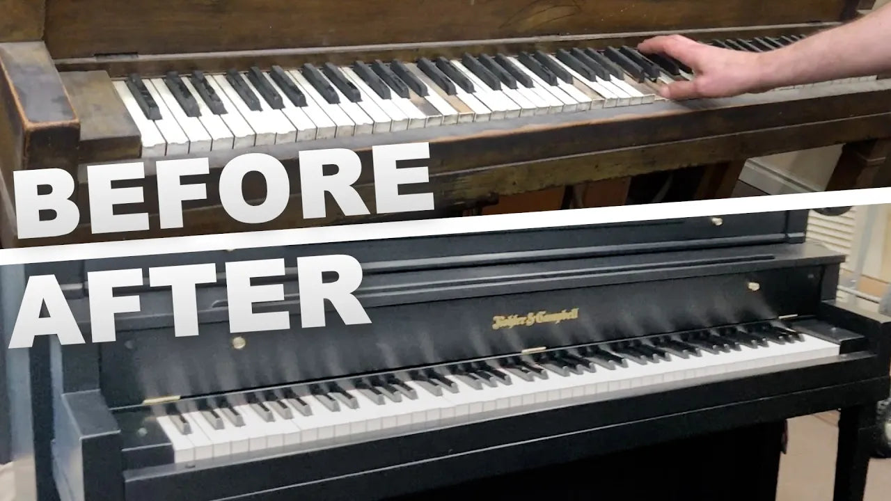 Load video: Brigham Larson in piano shop talking about Kohler and Campbell Upright Player Piano before and after video of restoration and refinishing in Orem, UT.