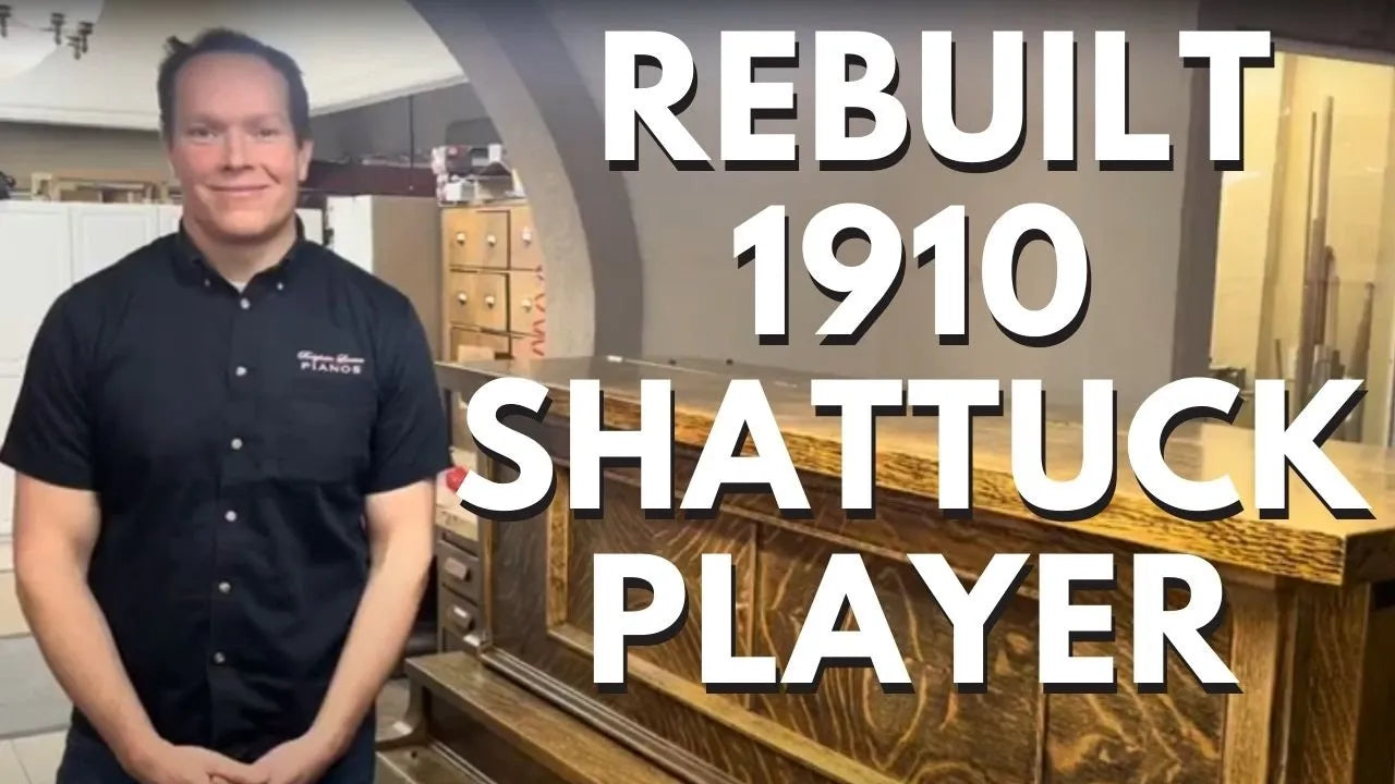 Load video: Brigham Larson at Brigham Larson Pianos Family Heirloom Piano restoration shop, showcasing 1910 Shattuck Heirloom Piano player rebuild after restoration and refinishing.