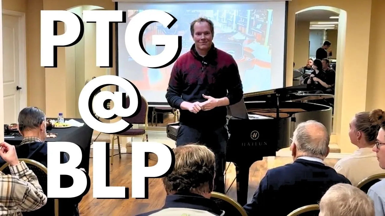 Load video: Brigham Larson registered piano technician giving PTG presentation about 3D Piano Part Printing for piano restoration projects at the Brigham Larson Pianos in Orem, Utah piano heirloom piano restoration shop.