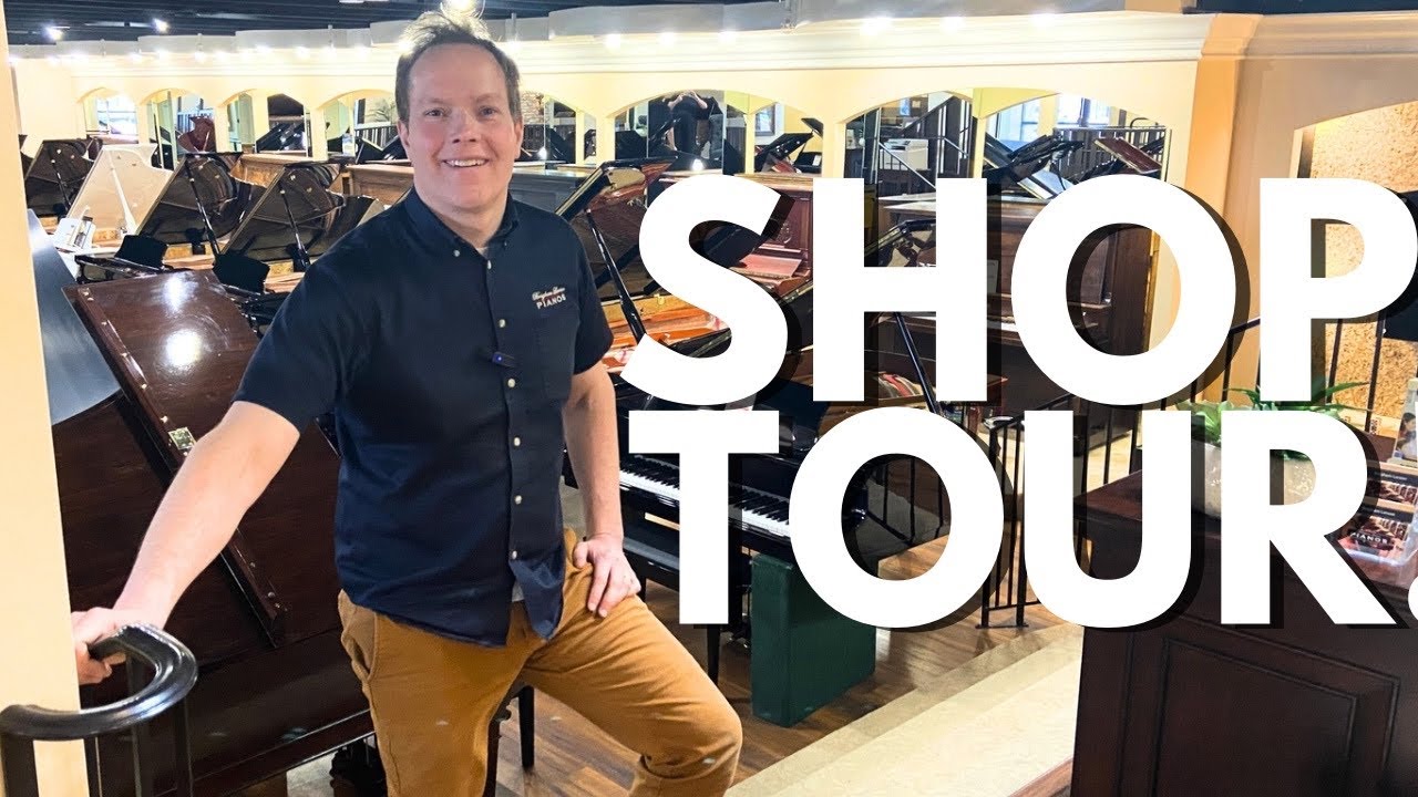 Load video: Video of Brigham Larson giving a shop tour through the Family Heirloom Piano Restoration Shop. Showing current pianos being refurbished, rebuilt, refinished and the restoration process mid-way.